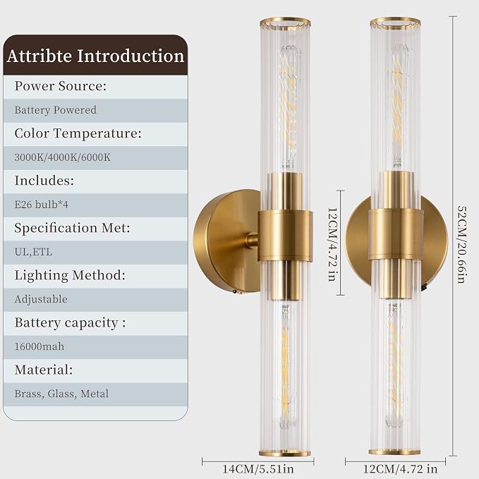 Rechargeable Wall Sconce Set of 2, Battery Operated Wall Sconce, Wireless Wall Lamp with Vertically Striped Glass Tube, Non-Hardwired Wall Sconces, Modern Vanity Light Fixtures for Bedroom, Hallway
