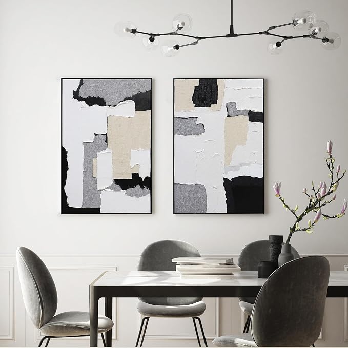 Neutral Abstract Wall Art Hand Painted, 3D Textured with Fabric Wall Decor, Modern Minimalist Framed Canvas Painting, Black White Geometric Artwork for Home Office Living Room Bedroom, 24"x36"x2