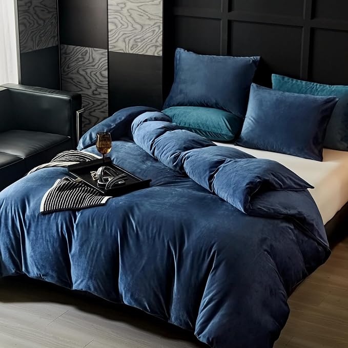 WARMDERN Navy Flannel Velvet Duvet Cover King Size Duvet Cover Bedding Sets, 3pcs Ultra Soft Luxury Textured Modern Crystal Velvet Duvet Covers with Zipper Closure(Navy, King)