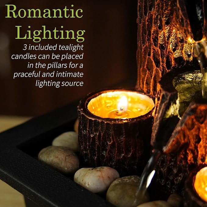 Small Indoor Relaxation Tabletop Fountain, Zen Meditation Waterfall Feature with Color LED Light & Natural Rocks, 4 Level Desk Waterfall for Home Office Bedroom Living Room Decoration (Style 4)