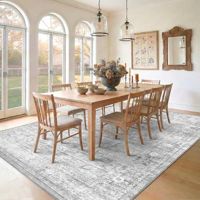 Homemate Washable Rug 8x10 Area Rugs - Vintage Faux Wool Rugs for Living Room Bedroom Dining Room - Non Slip Foldable Carpet Indoor Area Rug for Home Decor（8'x10', Grey