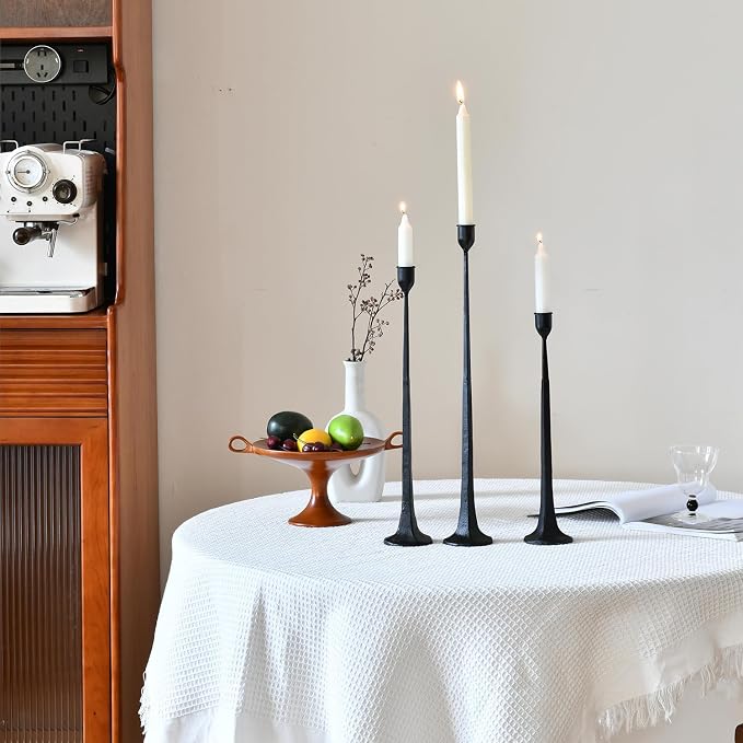 Set of 3 Candle Stick Holders,Iron Black Candlestick Holders, Fits 3/4 inch Thick Candles, Tapered Candle Holders Tall Set for Dining Table, Wedding, Home Decoration