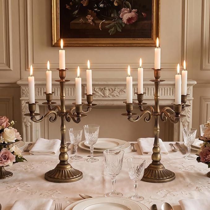 5-Light Metal Floral Candelabra Vintage Bronze Candle Holders for Taper Candles Ornate Antique Farmhouse Brass Candlesticks Centerpiece for Wedding Outdoor Dining Party Mantel Decor