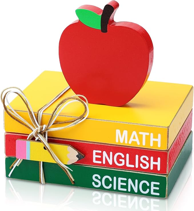 Pinkunn 4 Pcs Back to School Table Decorations Wooden Apple Prop Book Stack Decor for Classroom First Day of School Centerpiece Desktop Tiered Tray for Teacher Office Desk Shelf