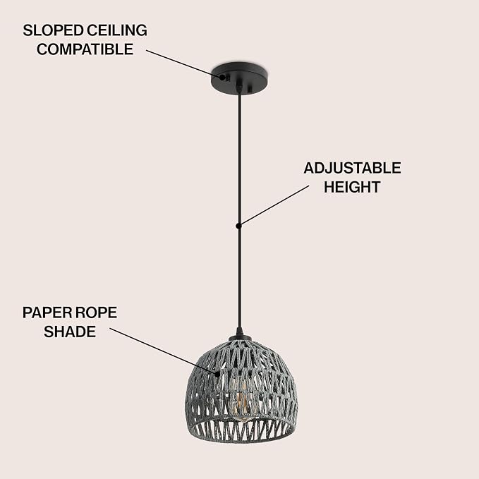 JONATHAN Y 8.25" Gray Modern Bohemian Woven Rope LED Pendant Light Fixture, Adjustable Dome Ceiling Lamp for Kitchen Island, Rope Shade, Coastal Farmhouse Decor (JYL6512D)