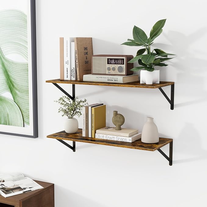 Heimlove Deep Floating Shelves for Wall, 28W x 12D Wood Wall Shelves Set of 2, Wide Floating Bookshelf for Living Room, Kitchen, Office, Bedroom and Decor Storage, with Metal Bracket - Rustic Brown