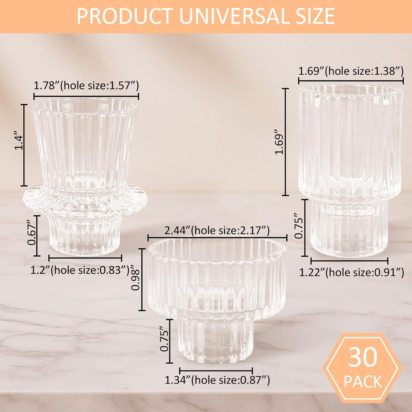 30 Pcs Glass Candlestick Holders Tealight Candle Holders, Double Side Taper Candle Holders for Dining Table Decor Birthday Centerpiece Wedding, Clear