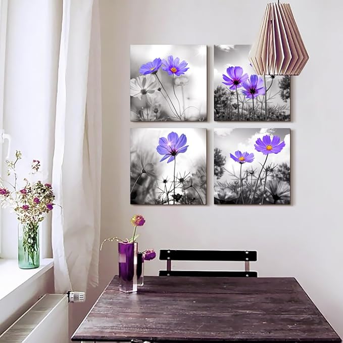 wall art for living room Black and White purple flower Big Canvas Prints Wall Decor Artwork 16" x 16" 4 Pieces Framed Black Border Ready to Hang for bedroom kitchen Home Decoration with office