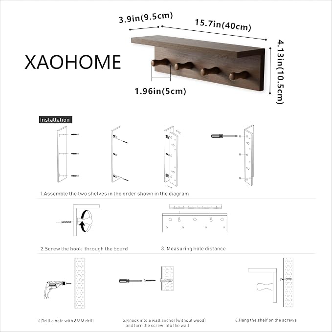Wall Mounted Coat Rack with Shelf, Wooden Entryway Hooks, Teak Finish | Adjustable rail with movable wood hooks