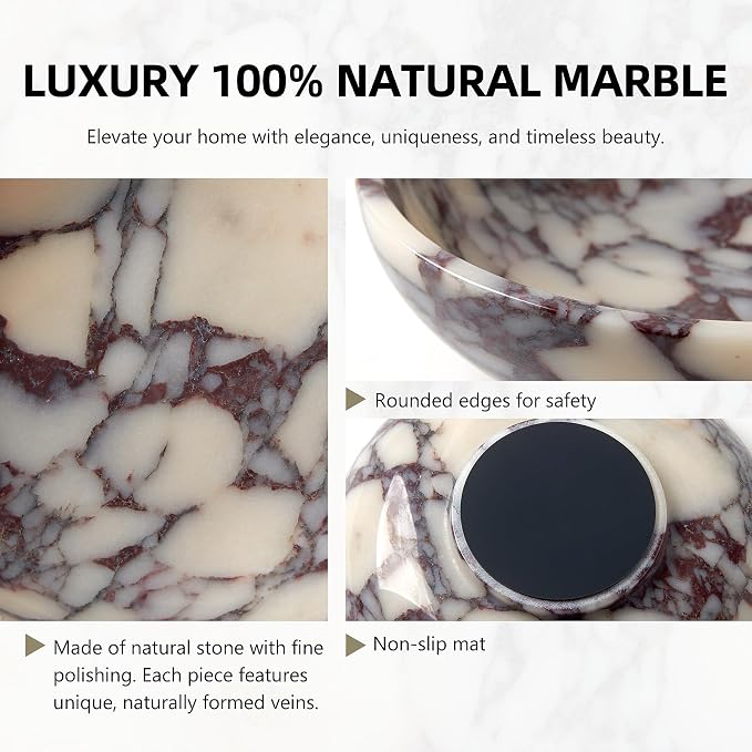 Luxury Natural Marble Fruit Bowl – Extra Large 9-Inch Calacatta Viola Marble for Kitchen Counter Fruit Serving Holder, Decorative Snack Dish for Coffee Table, Centerpiece Tray for Home Decor
