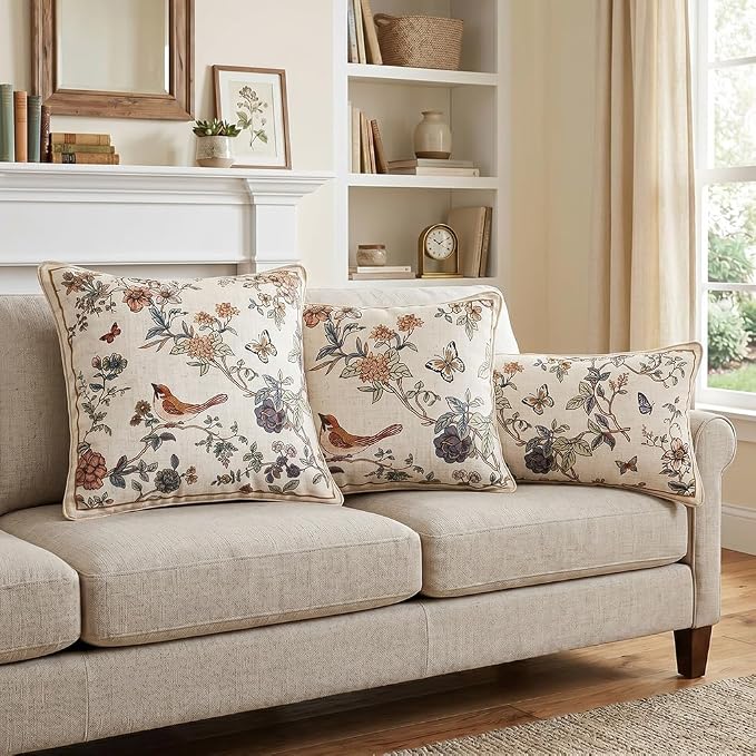 ISAENNE Designer Linen Throw Pillow Cover,Set of 2,20"x12"-Cornucopia A | Elegant French Rectangle Pillow Cover,Concealed Zipper,Floral and Bird Pattern,Sofas,Bedroom,Living Room,Lounge Chairs