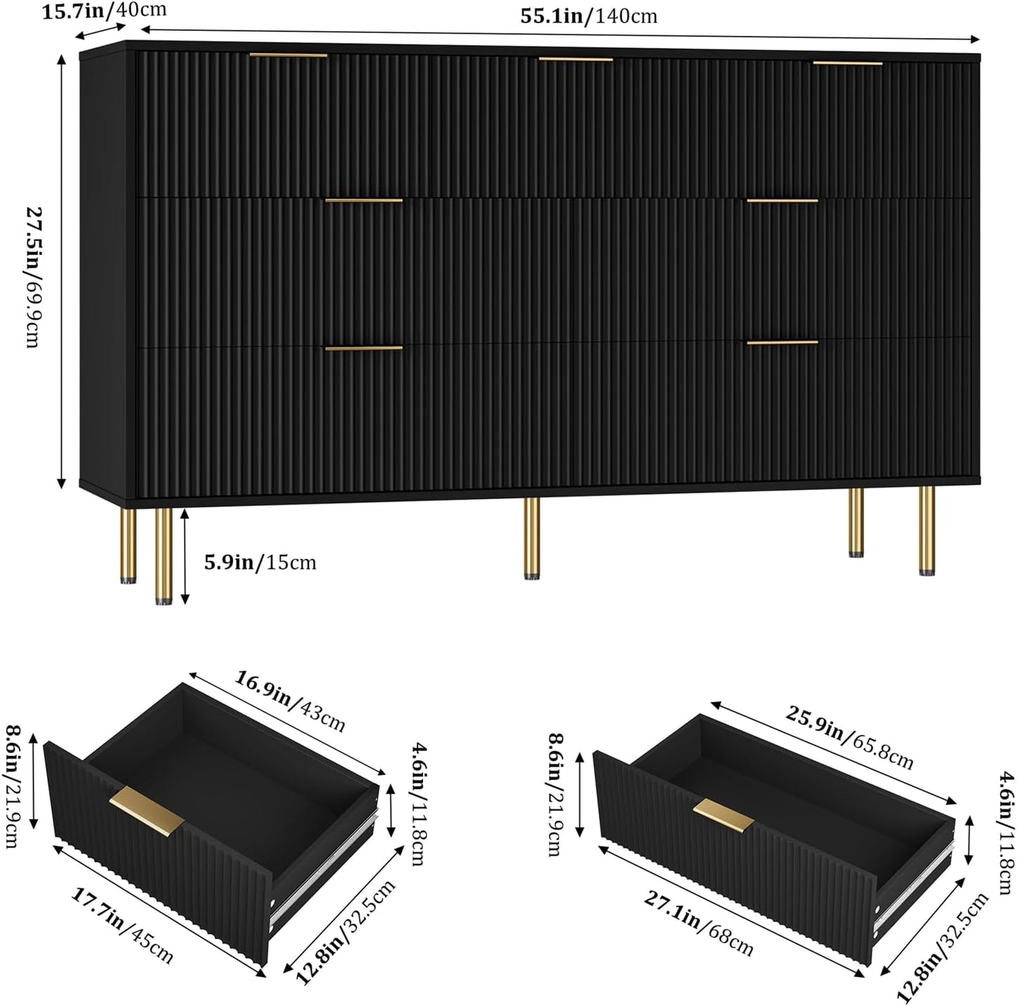 7 Drawers Dresser for Bedroom, Fluted Dresser Chest of Drawers with Gold Handle, Wood Modern Dressers for Closet, Bedroom Furniture Storage Organizer for Living Room, Hallway