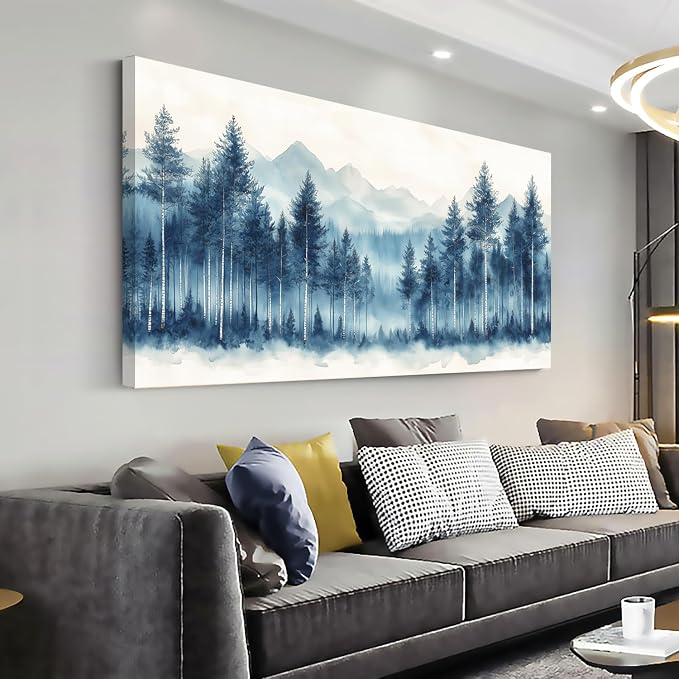 Ggaafet Watercolor Blue Forest Wall Art for Living Room Canvas Painting Prints Beautiful Mountain Woods Landscape Art Deco Nature Artwork Office Bedroom Family Dining Room Decor Extra Large
