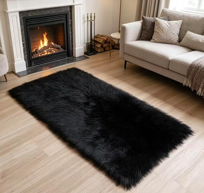 Faux Fur Rug Fluffy Sheepskin Area Rug,Ultra Soft Shaggy Plush Rug Bedroom Living Room Sofa Floor Kids Room Bedside（2 x 4 ft Rectangle Black）
