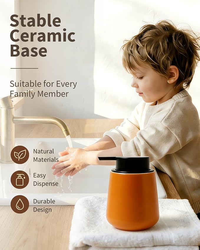 BosilunLife Ceramic Bathroom Accessories Set 3 Pcs, Liquid Soap Dispenser and Toothbrush Holder with Tray, Modern Farmhouse Vanity Decor, Orange Housewarming Gift