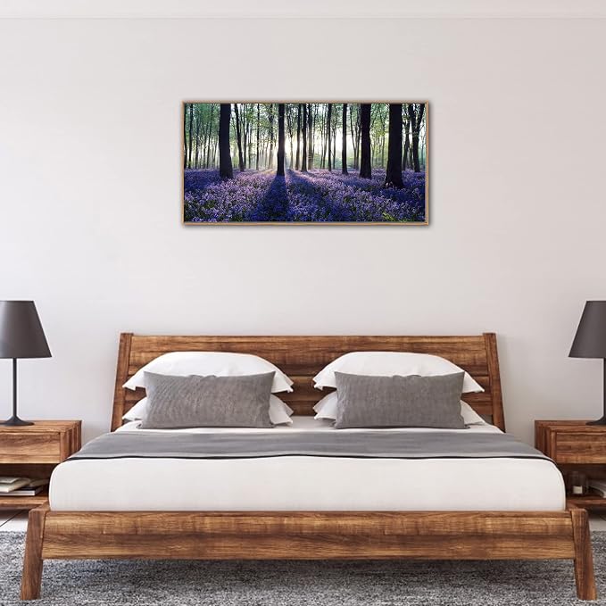 yearainn Framed Lavender Forest Wall Art – Purple Lavender Field with Sunlight through Trees Canvas Picture, Nature Landscape Painting Artwork for Home Wall Decor, Natural Wood Frame, 20" x 40"