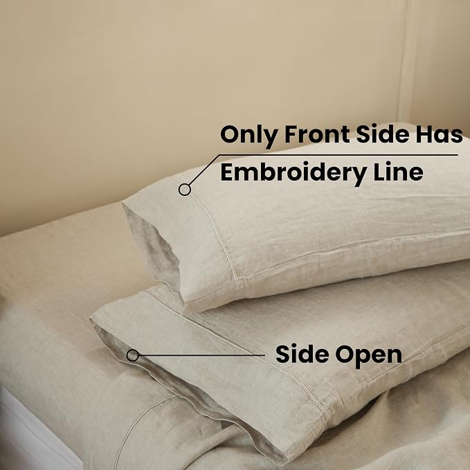 100% French Linen Pillowcases with Embroidery - Pack of 2 - Washed Solid Color Natural Flax Soft Breathable - Linen, 20'' x 40''