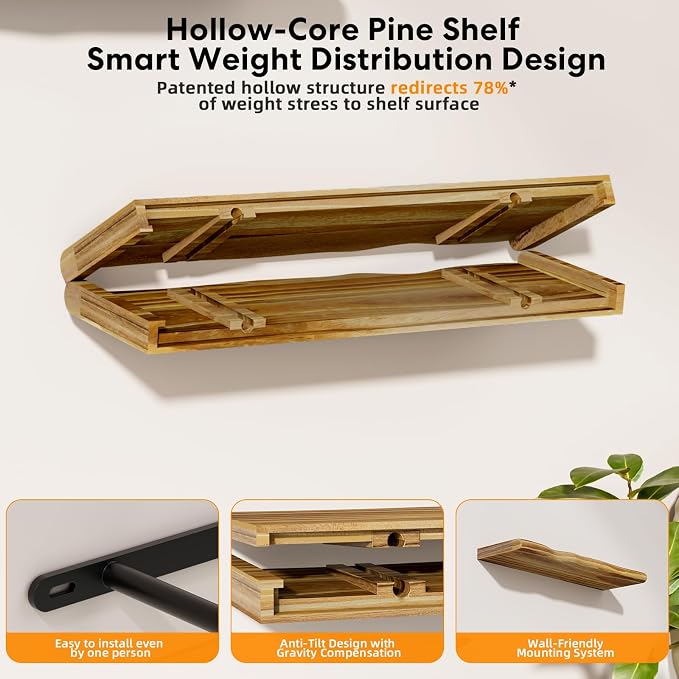 Solid Wood Live Edge Floating Shelves Set of 2 – 24" Rustic Wall Shelf with Hidden Bracket System, Wall Mounted Shelves for Bathroom, Kitchen, Living Room, Bedroom (Glazed)