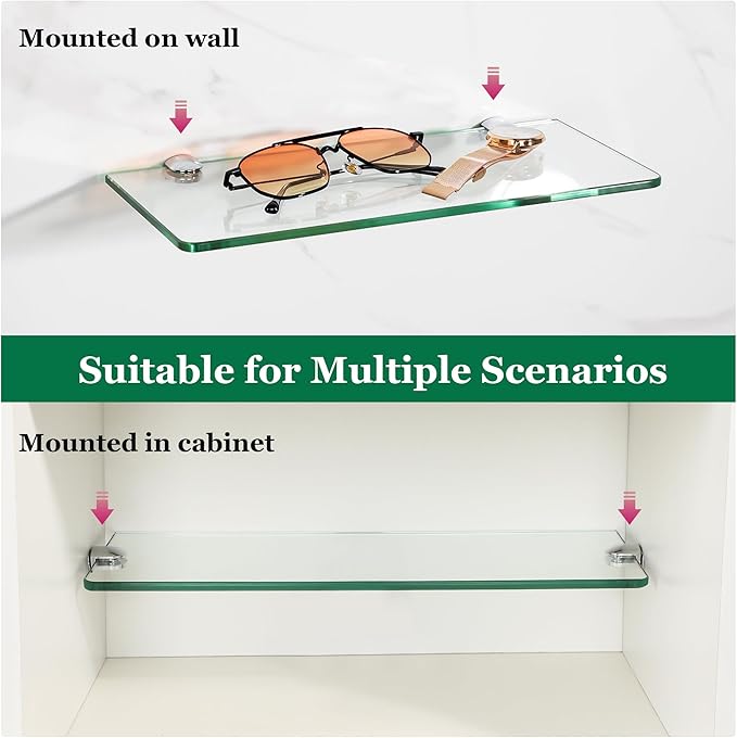 SAYAYO Glass Floating Shelves for Wall, Tempered Glass Shelves for Bathroom, Living Room, Bedroom, Office, Toilet, Kitchen Decor, 12 Inch Set of 2, Clear