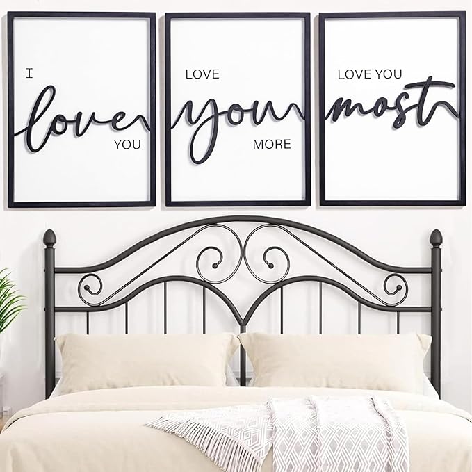 3D Wood I Love You Sign, Framed Love You More Sign 36x16”, Black And White Wall Decor for Bedroom Room Living Room (12x16 inches, Set of 3, Framed)