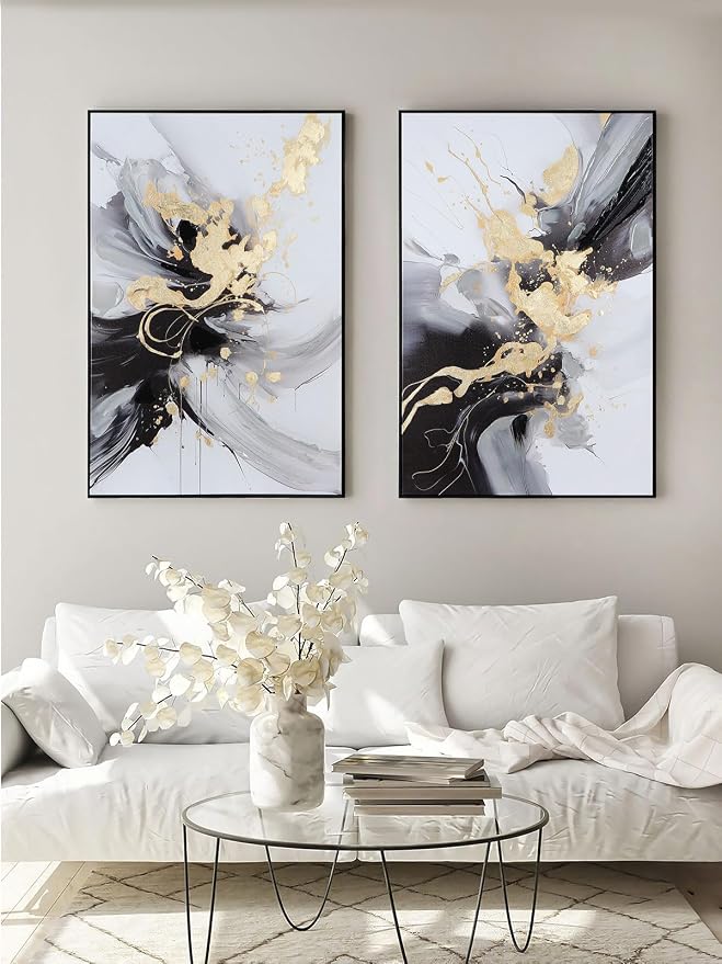 SAFERRYHOME Framed Canvas Wall Art - Black and Gold Wall Art Decor - Large Abstract Wall Art for living room bedroom office