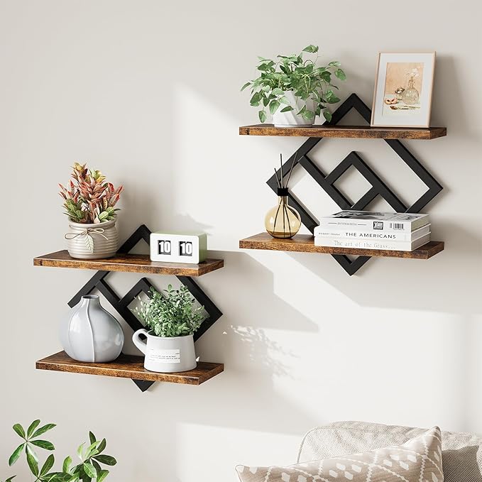 ELYKEN Floating Shelves for Wall, Set of 2 Hanging Shelves, 2-Tier Wall Mounted Storage Shelves for Books & Decor, Perfect for Living Room, Bedroom, Kitchen, Home Office, Study, Rustic Brown