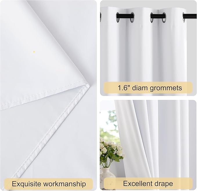 NICETOWN White 100% Blackout 90 inch Curtains for Bedroom, Grommet Full Blackout Window Treatments Heat Blocking for Living Room, W46 x L90, 2 Panels
