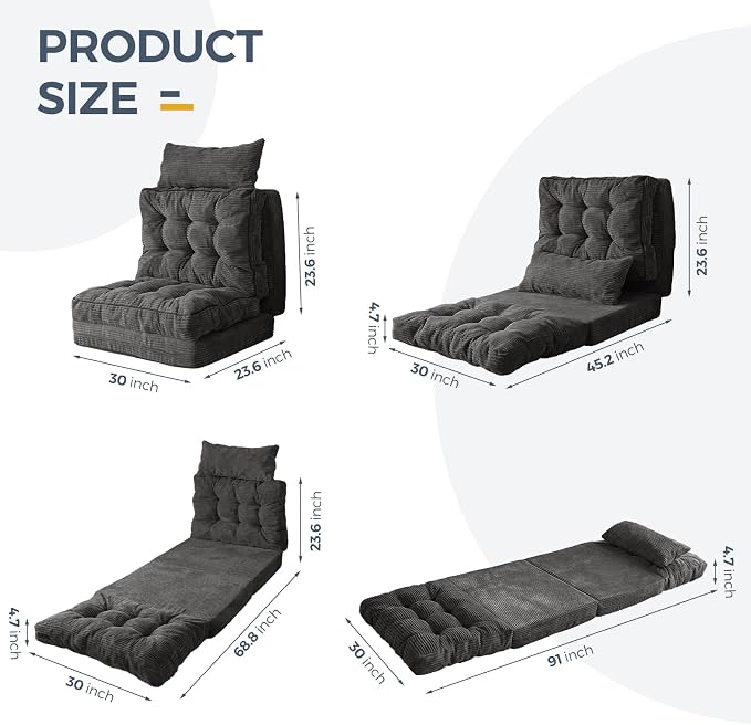 MAXYOYO Folding Sofa Bed, Tufted Bean Bag Bed with Pillows Floor Couch for Adults, Extra Thick and Long Floor Sofa, Single Couch for Bedroom Living Room, Dark Grey, 30x91 Inch