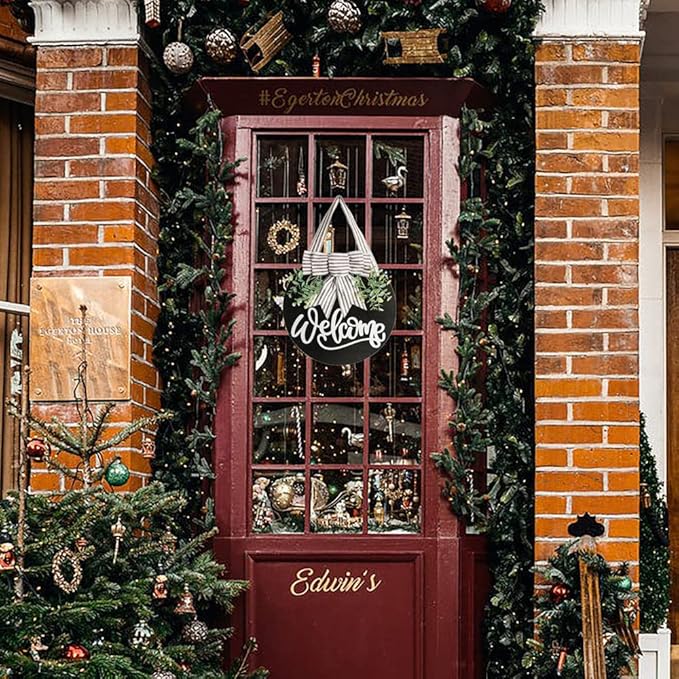 Welcome Sign for Front Door Wreath Decorations for All Seasons Front Porch Decor Hanging Gift for Farmhuose Home Outdoor Indoor (Black-Welcome)