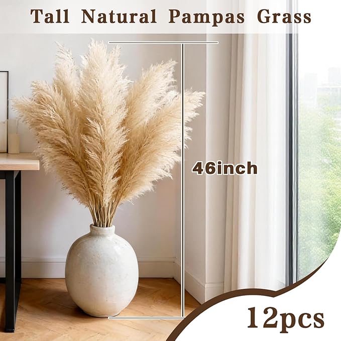 12 Stems 46" Tall Pampas Grass Decor for Floor Vase Large Dried Pampas Grass, Extra Fluffy Natural Dried Flowers for Home Living Room, Boho Wedding Decor, Modern Farmhouse Floral Arrangements
