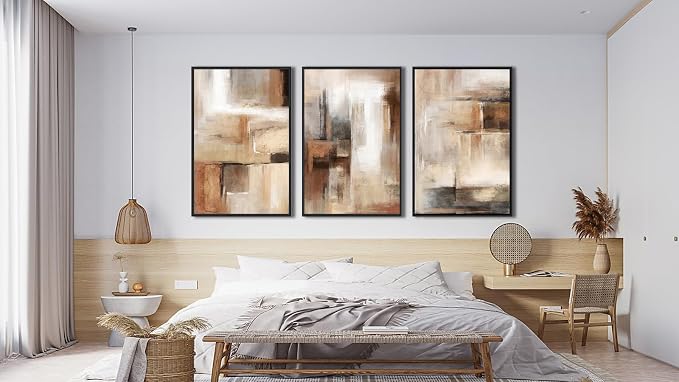 ASDCEUTICALS Large Canvas Wall Art - Brown and Beige Abstract Pictures for Living Room Vintage Wall Decor Retro Rustic Paintings Black Float Framed for Bedroom Dinning Room 32" X 48" X 3 pcs