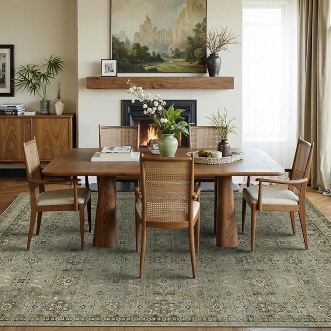 Rugxara 5x7 Area Rugs for Living Room Bedroom, Washable Rug, Vintage Floral Boho Rug, Non Slip & Low Pile Faux Wool Thin Carpet for Indoor Dining Room and Kids Room(Olive Brown 5x7ft)
