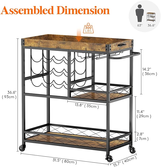 Lifewit Bar Cart, Home Bar Serving Cart, 3 Tier Drink Cart with 12 Wine Bottle Racks, Liquor Beverage Cart for Kitchen Dining Livingroom, 30 x 15.7 x 36.6 inch, Removable Top Tray, Rustic Brown
