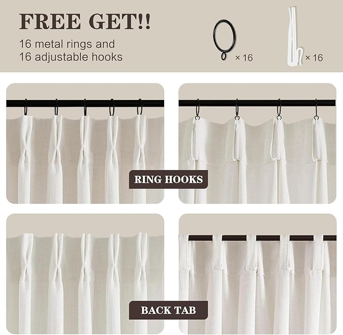 Pinch Pleated Linen Curtains 96 Inches Long for Living Room, Natural Light Filtering Pleat Drapes Textured Thick Floor to Ceiling Semi-Sheer Window Curtain with Hooks for Bedroom Farmhouse, 2 Panels