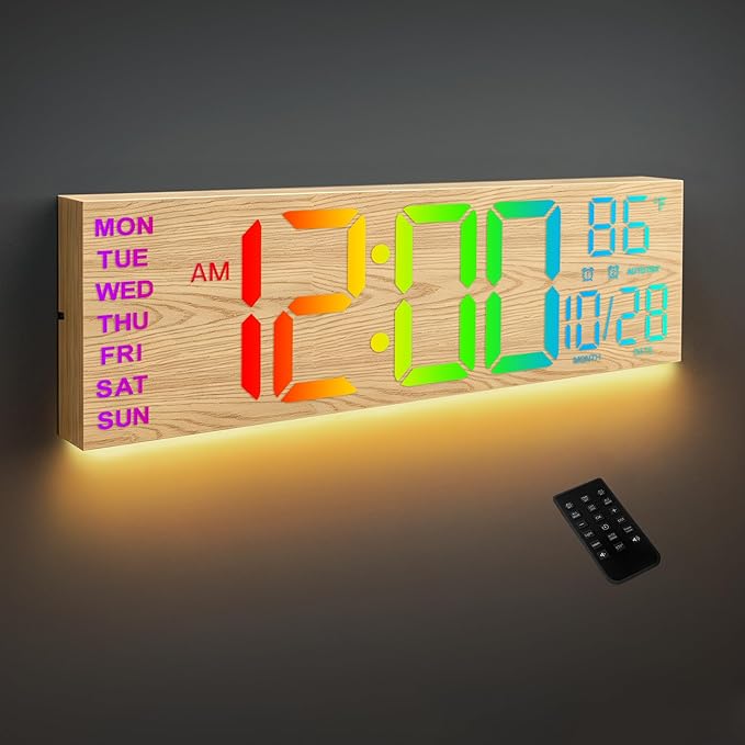 HAITANG 16.2" Large Digital Clock， 8 Colors Decorative Wood Wall Clock with Temperature, Date, Auto DST, Night Light, Auto Brightness Dimmer, 24/12-hour Wall Clock for Living Room Classroom Gym