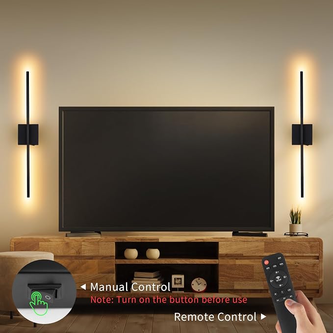 Battery Operated Wall Sconce Set of Two, Black, 28.3 inch | Remote Control, Rechargeable & Dimmable, Wireless, Peel and Stick Install, Timer Function