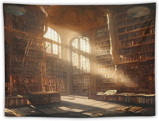 Kurtect Retro Bookshelf Tapestry,Medieval Mid Century Library Building Pattern Print Tapestries for Party Beach Picnic Blankets Tablecloths Living Room Wall Deocr, 30x40 in