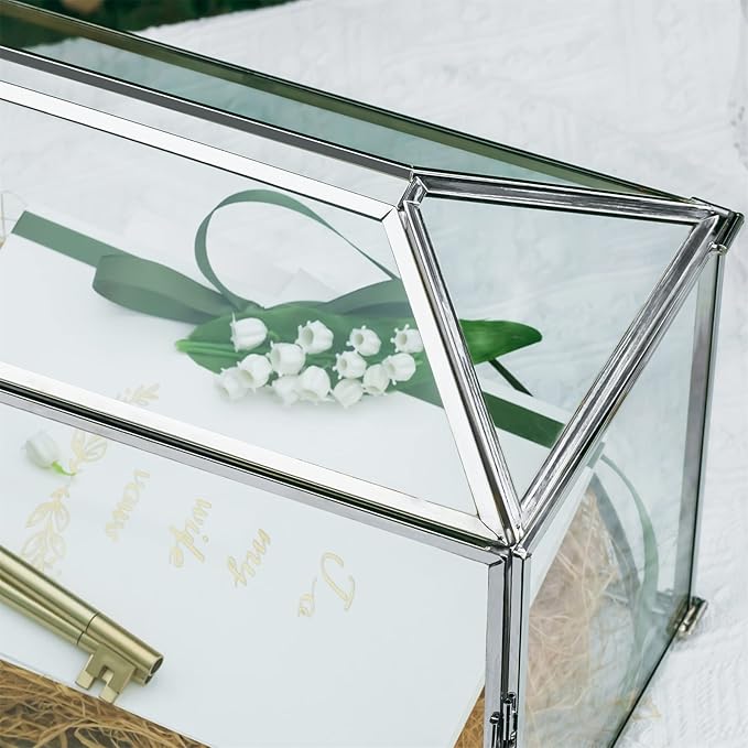 NCYP 12.6" x 5.9" x 9" Wedding Glass Cards Box with Slot and Lock, Thanks Card Holder for Keepsake, Envelops, Reception, Decorative, Silver (Glass Box Only) Slot Length 7.3 Inches