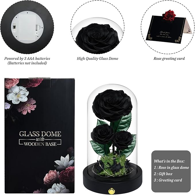 3 Preserved Flowers Roses in Glass Dome for Beauty and The Beast Decor Real Rosas Eternas for Women Mom Birthday,Forever Black Roses for Delivery, Christmas for Wife Girlfriend Her