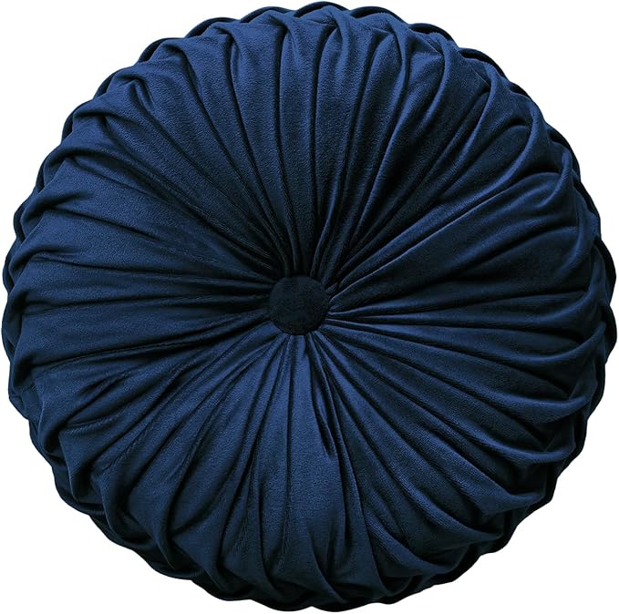 Teieas Round Throw Pillow Velvet Home Decoration Pleated Round Pillow Cushion for Couch Chair Bed Car (Navy Blue)