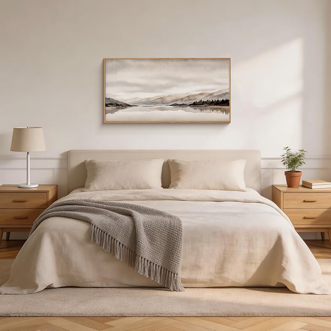 LHIUEM Abstract Mountain Brown Framed Canvas Wall Art,Neutral Watercolor Landscape Wall Decor,Minimalist Grey Beige Lake Artwork for Living Room,Bedroom,Dining Room,Office -20"x40"x1