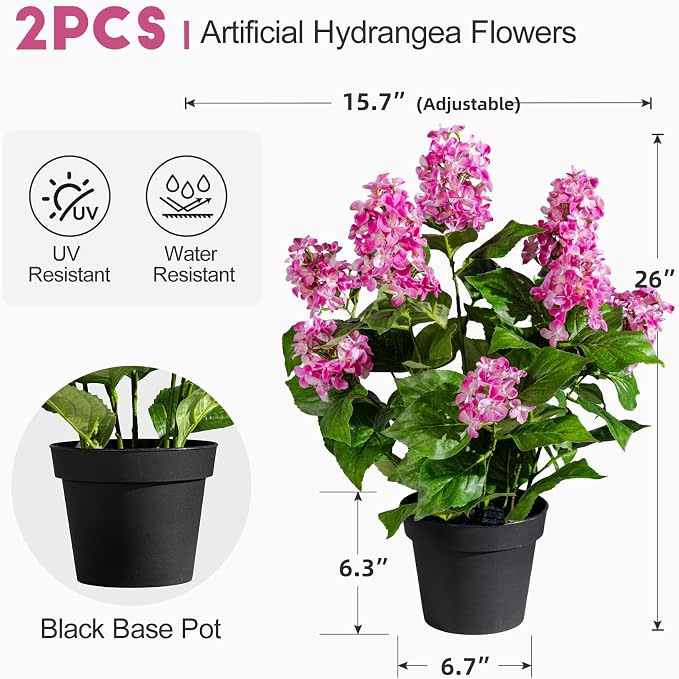 2 Pack Large Artificial Hydrangea Plants Fake Plastic plantas Flowers Trees UV Resistant Indoor Outdoor Realistic Floor Plants Faux Tree for Home Porch Garden Office Porch Patio Front Bonsai Decor