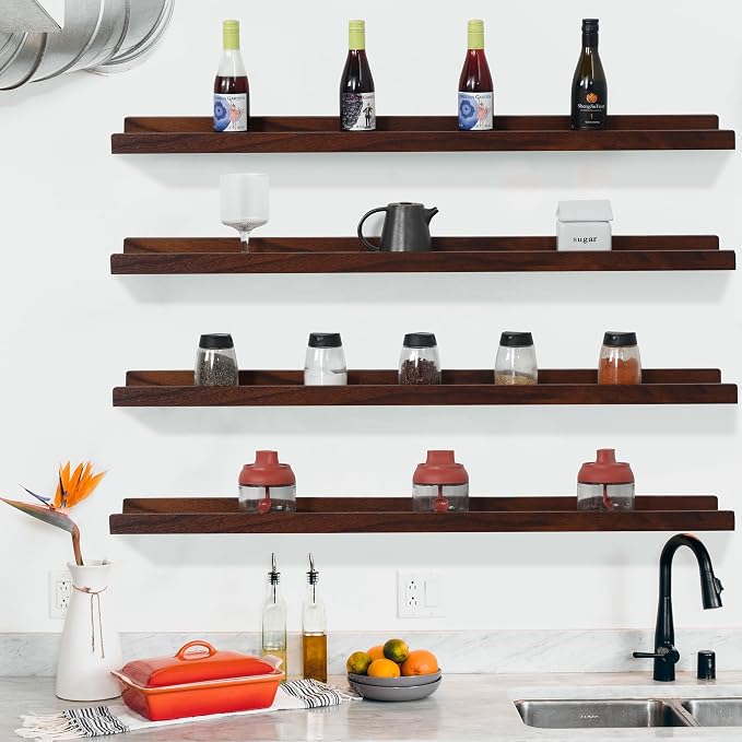 Long Floating Shelves Set of 4,Wood Picture Shelf for Wall with Ledge,Photo Frames Display Shelves Wall Mounted Rustic for Living Room Bedroom Kids Nursery,Home Decor Dark Walnut (36 Inches )