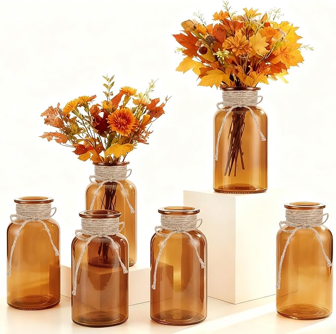 Vintage Glass Flower Vase, Farmhouse Glass Centerpiece Vases Mason Jars for Weddings, Parties & Home Decor Bulk (6, Amber)