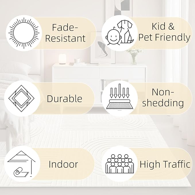 Beige Solid Area Rug 9x12, Large Washable Living Room Rug, Ultra Soft Indoor Rugs for Bedroom, Modern Geometric Boho Pattern High-Low Textured Carpet for House Apartment, Home Office Decor
