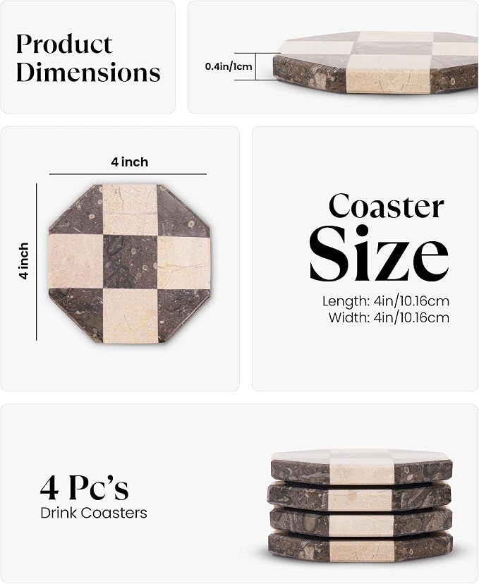 Marble Coasters Set of 4, Oceanic & Verona Handmade 4 inch Star Stone Coaster, Decorative Checkered Cup Coaster for Coffee Table, Housewarming Gift & Luxury Kitchen Accessories
