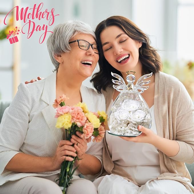 Beferr Mothers Day Mom Birthday Gifts for Women, Fresh Flowers for Delivery Forever Preserved Rose in Glass Angel Figurine, Anniversary Christian Real Rose for Grandma Nana Wife Mum from Daughter Son