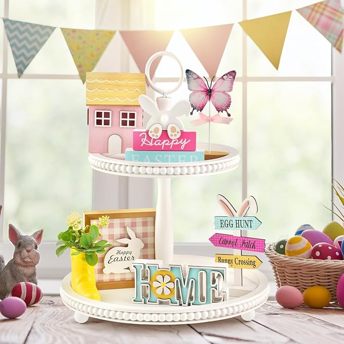 Spring Easter Decorations 8 Pieces Tiered Tray Decor Set, Cute Tabletop Easter Spring Décor for Home Shelf Mantel Office Table Coffee Bar Indoor Holiday Decoration Ornament Tray Objects