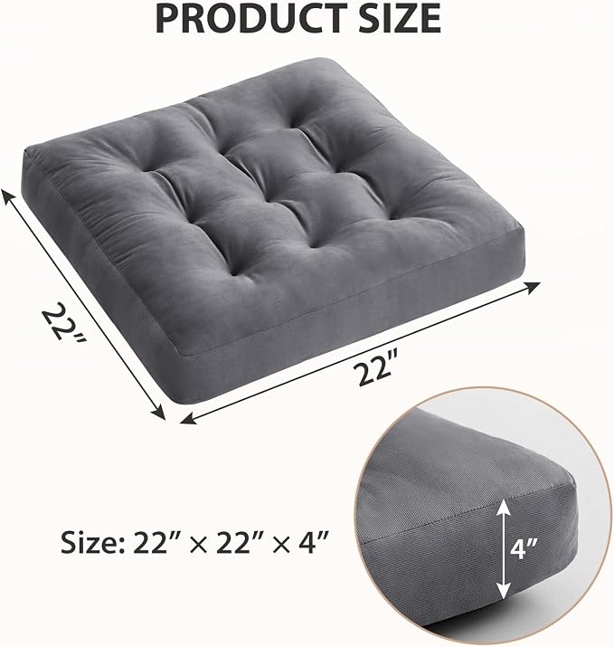 Meditation Floor Pillow Set of 1, Square Large Pillows Seating for Adults, Meditation Cushion Pillow,Tufted Corduroy Cushion for Tatami Living Room or Yoga, Dark Gray, 22x22 Inch