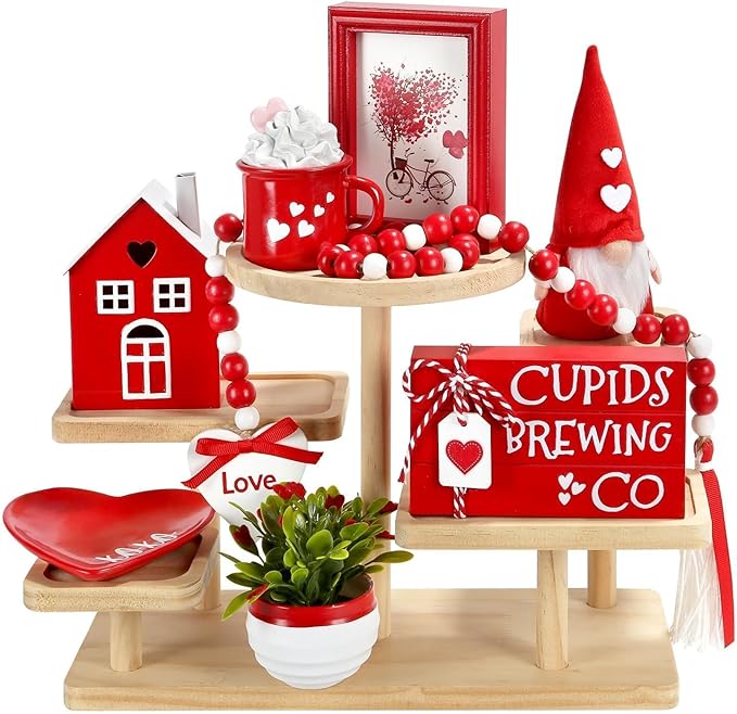 Valentine's Day Decorations 8 PCS Tiered Tray Decor Set, Cute Tabletop Valentine Décor for Home Office Shelf Mantel Coffee Bar Romantic Table Centerpieces Tray Objects Decoration Set